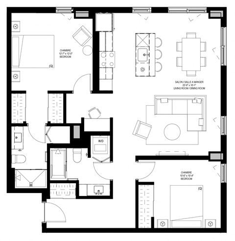 Floor plan for 2 beds, 2 baths, 1112 sqft
